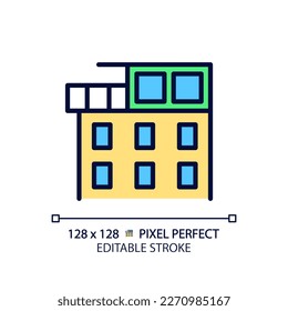 Penthouse pixel perfect RGB color icon. Luxury real estate. Rooftop apartment. Expensive property. Home exterior. Isolated vector illustration. Simple filled line drawing. Editable stroke