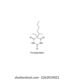 Estructura molecular pentobarbital plana esquelética Barbiturato utilizado en el tratamiento del insomnio, ansiedad, convulsiones. Ilustración vectorial.
