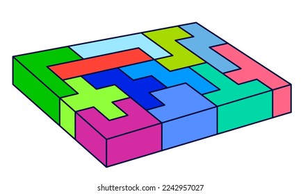 Pentomino game color elements stacked tightly in isometric