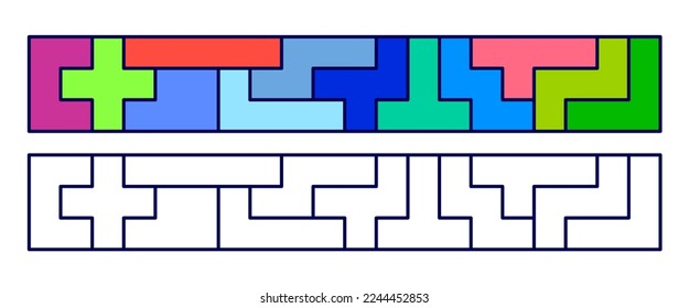Elementos de juego pentomino apilados en una fila larga