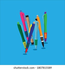 Pen,with beautiful many colors,blue background,in vector style.