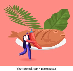 Penyetan Traditional Indonesian Food with Fish. Man with Chilli near Delicious Grilled Dorado or Sea Bream with Lemon, Orange Slices, Spices, Fresh Parsley and Spinach. Cartoon Vector Illustration