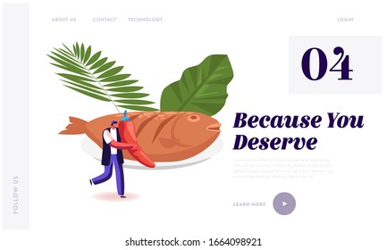 Penyetan Traditional Indonesian Food with Fish Website Landing Page. Man with Chilli near Delicious Grilled Dorado or Sea Bream with Lemon Slices Web Page Banner. Cartoon Flat Vector Illustration