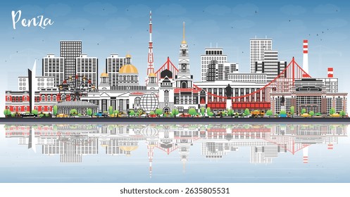 Vista da cidade de Penza Rússia com edifícios coloridos, céu azul e reflexões. Ilustração vetorial. Paisagem da cidade de Penza com marcos. Viagens de negócios, conceito de turismo com arquitetura moderna e histórica.