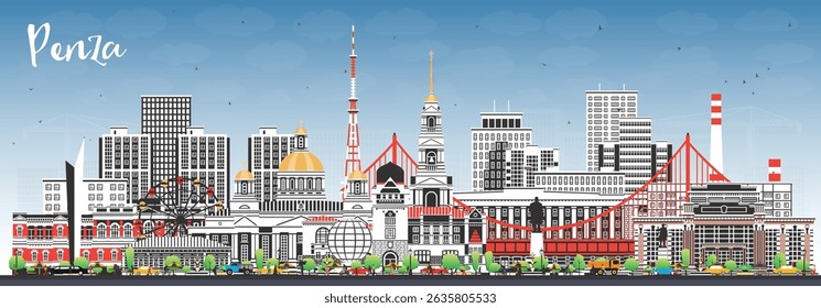 O horizonte da cidade de Penza Rússia com edifícios coloridos e céu azul. Ilustração vetorial. Paisagem da cidade de Penza com marcos. Viagens de negócios e conceito de turismo com arquitetura moderna e histórica.
