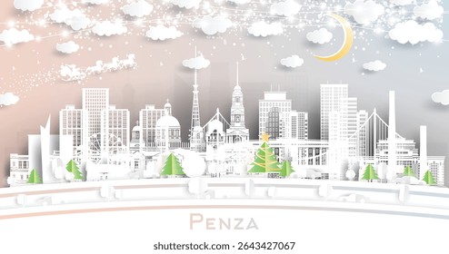 Penza. Russia. Winter city skyline in paper cut style with snowflakes, moon and neon garland. Christmas and new year. Santa Claus on sleigh. Penza cityscape with landmarks. Vector illustration.