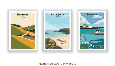 Penzance, England. Perranporth, Cornwall. Petworth, Sussex - Set of 3 Vintage Travel Posters. Vector illustration. High Quality Prints