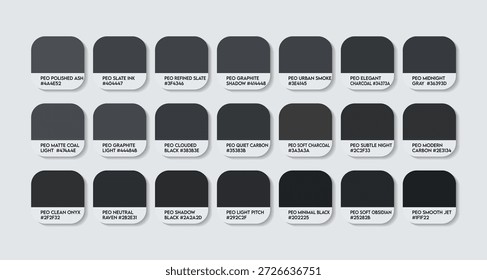 Paleta de guias de cores preto claro Peo com nomes de cores. Catálogo Amostras Peo Preto com códigos e Nomes RGB HEX. Vetor da paleta de cores de roupa preta de Peo, Paleta de cores de pintura preta clara de Peo