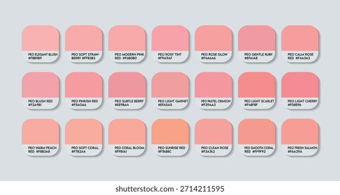 Paleta de Guia de Cor Vermelho Claro com Nomes de Cor. Amostras de Catálogo Peo Red com códigos e nomes RGB HEX. Rose Vetor de paleta de cores de roupas, Peo Light Red Paint Color Palette, Tons vermelhos de luz de tendência