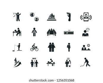 Peolpe vector icon set.
Contains such Icons as singing, chatting, cyclist, fisherman, swimming, pool, wedding, hockey and more.
Editable.