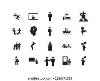 Peolpe vector icon set.
Contains such Icons as skier, sleep, dj, football, ballet, brain, perform, teach, think and more.
Editable.