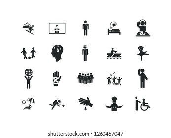 Peolpe vector icon set.
Contains such Icons as child, karate, lift, playing and more.
Editable.
