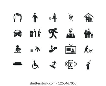 Peolpe vector icon set.
Contains such Icons as child, karate, lift, playing and more.
Editable.