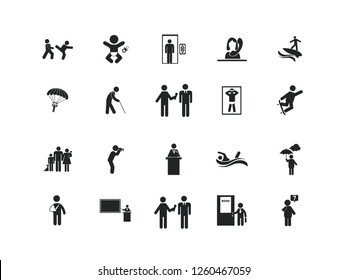 Peolpe vector icon set.
Contains such Icons as child, karate, lift, playing and more.
Editable.