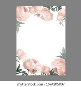 Plantilla de banner de peonies. Elementos naturales dibujados a mano sobre fondo blanco. Espacio para texto. Vector.