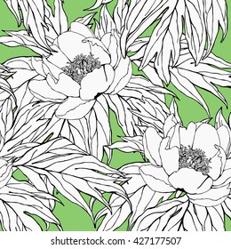 Peonies with big leaf seamless vector pattern. Summer textile