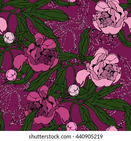 Peonies with big leaf seamless vector pattern. Summer background for fabric.