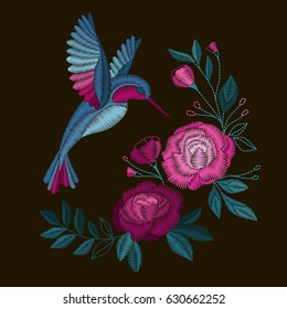 Peonies and bird. Embroidery for Fashion. Vector illustration.