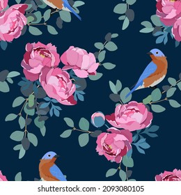 Peonías y pájaros. Ilustración vectorial sin inconvenientes en un fondo oscuro. Para decorar textiles, embalajes, papel pintado.