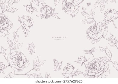 Peonies blooming. Spring background with flowers and brunch. Detailed botanic floral collection for Valentines day invitation, wallpaper art or save the date card