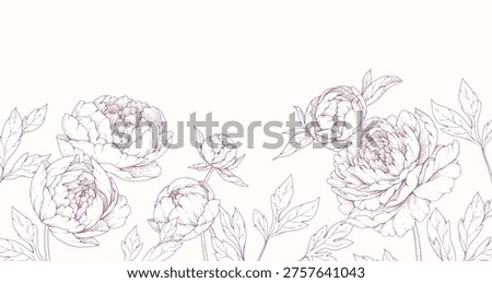Peonies blooming. Spring background with flowers and brunch. Detailed botanic floral collection for Valentines day invitation, wallpaper art or save the date card