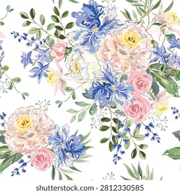 Peonies, blue iris flowers, pink roses, green leaves, greenery, white background. Floral illustration. Vector seamless pattern. Botanical design. Garden nature plants. Romantic bouquets