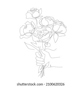 Peonies bouquet, line drawing, continuous line art. Vector black and white linear illustration with a hand holdinf flowers. Print design. Postcart. Gift, present. Wedding. March 8th