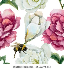 Peonies and bumblebee watercolor seamless pattern. Vector illustration of burgundy and white flowers. For wrapping paper, wallpaper, fabric, covers.