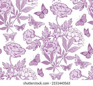 Peonies and butterflies. Seamless abstract pattern. In style Toile de Jou. Suitable for fabric, mural, wrapping paper and the like