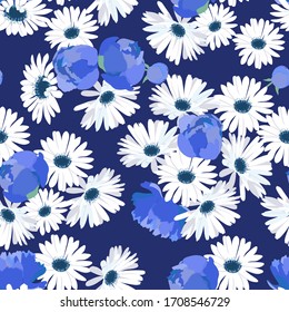 Peonies y manzanilla. Ilustración vectorial transparente en un fondo azul. Para decorar textiles, embalajes, papel pintado.