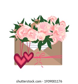 Peonías en un sobre artesanal con una nota de amor y corazones, una cinta con un arco. Decoración festiva de San Valentín. Ilustración plana vectorial romántica para boda, fiesta