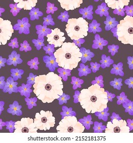 Peonies crocus spring vector seamless pattern. Romantic garden pink purple flowers background illustration. Saffron and peony spring summer flowers seamless pattern. Fabric print floral blossom design
