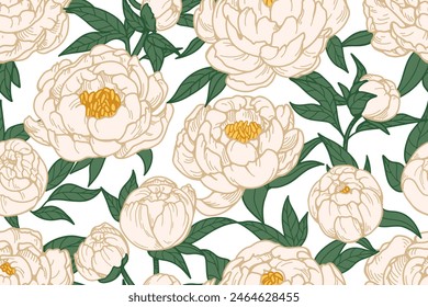 Peonies, floral pattern. Seamless background, blossomed flowers. Botanical garden print, Japanese blooms. Retro natural texture. Hand-drawn vector illustration for textile, fabric, wallpaper design