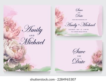 Peonies, floral print. Wedding invitation card, save the date, thank you, rsvp template. Vector. Branches watercolor