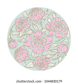 Peonies floral rosette vector isolated composition. Line style handdrawn flowers in a circle shape placement.
