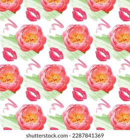 peonies flower and kiss pattern watercolor pink vintage set