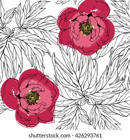 Peonies flower with leafs seamless vector pattern for textile

