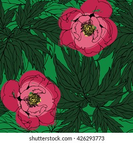 Peonies flower with leafs seamless vector pattern for textile
