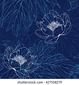 Peonies flower line seamless vector pattern