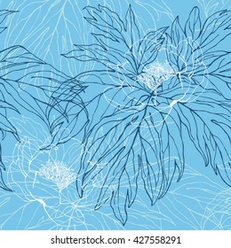 Peonies flower line seamless vector pattern