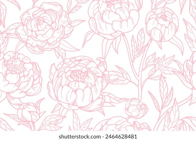 Pfingstrosen, Blumenmuster. Nahtloser floraler geblühter Hintergrund, Textur. Botanischer Druck für Textildesign. Japanischer Garten, natürliche Umrisszeichnung im Retro-Stil. handgezeichnete Vektorillustration