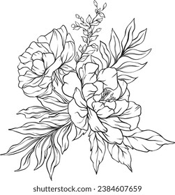 Peonies flowers arrangement line art. Hand drawn line floral, leaves branches and blooming. Wedding elegant wildflowers for invitation save the date card. Vector