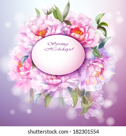 Peonies flowers background. Spring flowers invitation template card