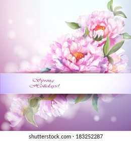 Peonies flowers background. Spring flowers invitation template card