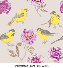 Peonies flowers and birds