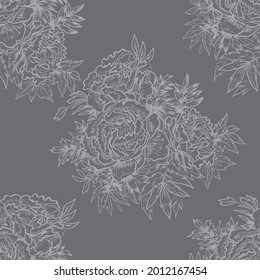 
Peonies flowers graphics engraving hand drawn illustration vector print textile vintage patern seamless vegetation nature