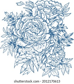 
Peonies flowers graphics engraving hand drawn illustration vector print textile vintage  vegetation nature