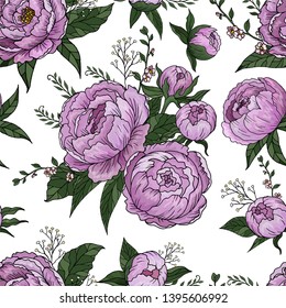 Peonies flowers seamless background. Beautiful flowers on white background pattern. Great idea for printshop, fabric, background, texture. Drawn vector illustration
