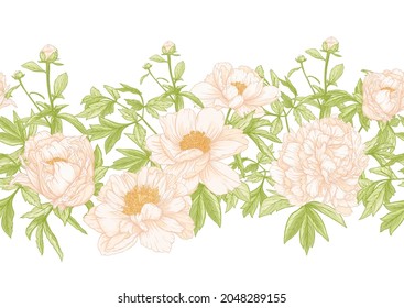 Peonies flowers. Seamless pattern, background. Colored vector illustration. In botanical style In soft orange and green colors.