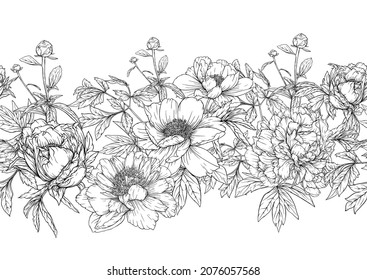 Peonies flowers. Seamless pattern, background. Outline hand drawing vector illustration. In botanical style